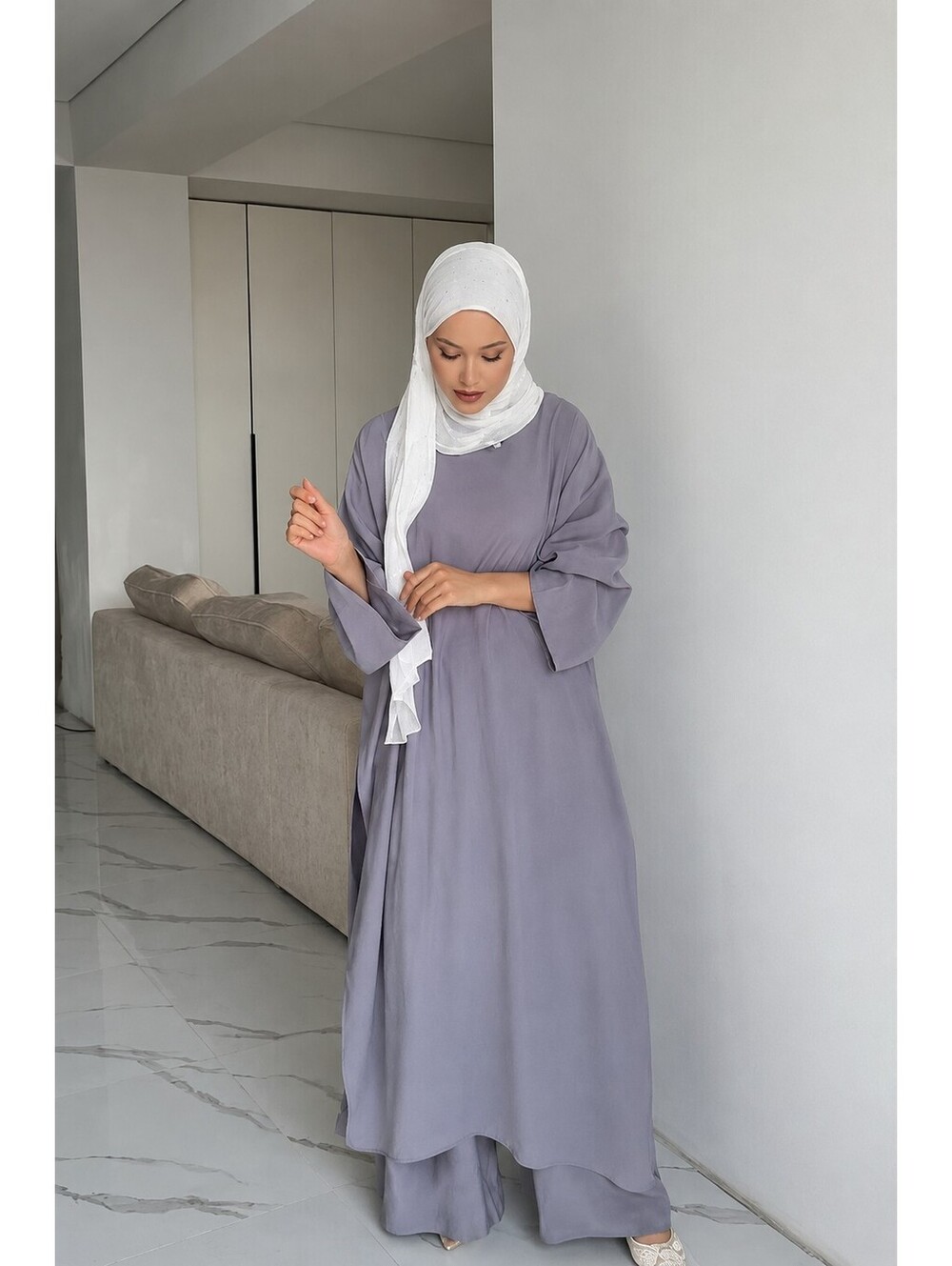Muslim Women's One Size Gray Cupro Abaya Set Top & Pants Modest Outfit New